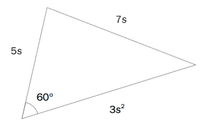 Trekant der lengden på sidene er kalt 7s, 5s og 3s^2. Vinkelen mellom sidene som har lengden 5s og 3s^2 er 60 grader.